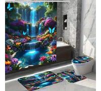 4 pièces Set de salle de bain thème cascade et papillon en polyester, comprend un rideau de douche imperméable, un tapis antidérapant, un couvre-siège de toilette et des crochets - convient pour la dé