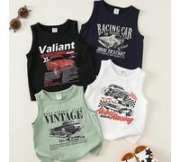 4 pièces/set Débardeur en tricot imprimé rétro mode de rue décontractée d'été pour bébé garçon, gilet multicolore polyvalent et assorti, t-shirt graphique avec voiture de course 6-9M,9-12M,12-18M,18-2