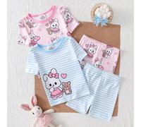 4 pièces/set Ensemble de body pour bébé fille, imprimé intégral mignon lapin de dessin animé cœur + rayures rose & blanc, design col rond, manches courtes pantalon court pyjama ajusté, maison, jeu ext