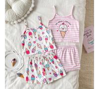 4 pièces/Set Ensemble de pyjama à bretelles pour filles tout-petits, imprimé mignon et doux de glace à la crème et de rayures en forme de cœur, débardeur et short confortables et doux, ensemble de 4 p