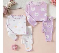 4 pièces/set Ensemble de pyjama câlin pour bébé fille avec motif mignon de chat, col rond volantée, manches longues, doux et confortable pour la maison 6-9M,9-12M,12-18M,18-24M,2-3Y,3-6MAnimal,Géométr