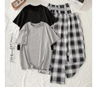 4 pièces/set Ensemble de pyjama pour adolescents garçons, Top à manches courtes et pantalon à carreaux noir et gris chiné, ensemble de nuit assorti pour la famille en tricot doux et extensible blanc p