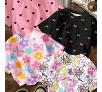 4 pièces/set T-shirts à col ras-du-cou manches courtes décontractés pour jeunes filles avec motifs mignons de fleurs, visages griffonnés, nœuds et cœurs. Couleurs : blanc, rose clair, rose vif, noir. 