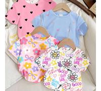 4 pièces/set T-shirts basiques à manches courtes et col rond pour jeune fille, style minimaliste décontracté. Avec des motifs floraux mignons, des visages griffonnés, des nœuds, des cœurs. Convient po