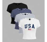 4 pièces/set T-shirts courts et moulants à manches courtes à col rond, style casual minimaliste, avec imprimés rétro rayés, drapeau américain et thème du 4 juillet. Convient pour l'été. L,M,S,XL,XS,XX