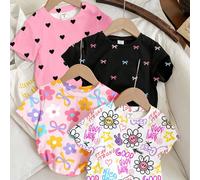 4 pièces/set T-shirts de base à manches courtes col rond avec motifs floraux, visages, nœuds et cœurs, pour jeunes filles. Couleurs : blanc, rose clair, rose vif, noir. Convient pour le quotidien, la 