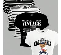 4 pièces/Set T-shirts moulants à col rond à manches courtes, imprimés vintage de voitures et d'ours minimalistes décontractés en noir et blanc. Vêtements d'été polyvalents pour femmes L,M,S,XL,XS,XXL,