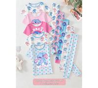 4 pièces/Set Top à manches courtes et pantalon en tricot avec imprimé de lapin de fée rose mignon et cœur pour jeune fille, tenue de maison confortable et assortie en famille, coupe ajustée 6Y,7Y,4Y,5