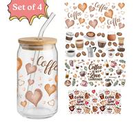 4 pièces/set Wrap en verre de 16 oz Autocollant de transfert UV DTF (23,9 x 10,9 cm) Sans chaleur nécessaire, Graphique esthétique de cœur brun en langue de l'amour du café, Vache des hauts plateaux o
