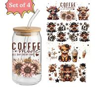 4 pièces/set Wrap en verre de 16 oz Autocollant de transfert UV DTF (23,9 x 10,9 cm) Sans chaleur nécessaire, Graphique esthétique de cœur brun en langue de l'amour du café, Vache des hauts plateaux o