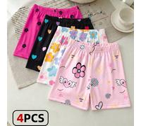 4 pièces Short décontracté polyvalent doux et mignon pour jeune fille avec motifs floraux, petits pois, cœurs et petits soleils, convient pour le printemps/été, les jeux décontractés en intérieur ou e
