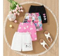 4 pièces Shorts tricotés stretch à taille élastique avec imprimé chat et cœur pour jeunes filles, leggings confortables et 6Y,7Y,4Y,5YAnimal,Cartoon,Géométrique,CœurPolyester
