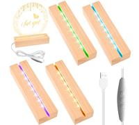 4 pièces socle LED socle en bois : socle lumineux LED, support en bois LED rectangulaire, couleur chaude USB base d'affichage LED pour panneau acrylique bricolage, ornement décoratif, art en résine