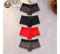 4 pièces Sous-vêtements féminins élégants et matures avec imprimé léopard cerise et couleur unie - Charme mature gracieux - Romantique de luxe - Patchwork en dentelle tricotée française, respirant et