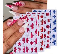 4 pièces Stickers d'ongles décoratifs avec pétales de fleurs françaises glamour en rouge, rose vif, bleu et aquarelle. Designs de vignes de fleurs simples pour la décoration des ongles. Décalcomanies