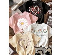 4 pièces T-shirts basiques à manches courtes col rond minimalistes décontractés à motifs floraux, rose été école, fille marguerite, ensembles nature pastel, cadeau pour amateur de jardin, campus 6Y,7Y