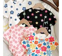 4 pièces T-shirts graphiques de la série de fleurs de dopamine, t-shirts à manches courtes à col rond avec imprimé floral mignon, convenant aux jeunes filles pour un usage casual, quotidien, de vacanc