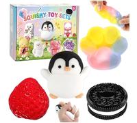 4 Pièces Taba Squishy Set, Fraise + Pingouin + Patte de Chat Jouet Souple à Presser Jouets Anti-Stress compressibles pour soulager Le Stress Cadeaux pour Anniversaire, Noël