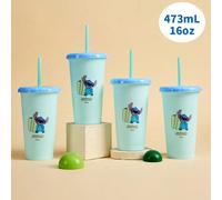 4 pièces Tasses à café en plastique de la série Disney Stitch, capacité de 16 oz/473 ml, corps léger, bord arrondi, portable et facile à ranger, idéal pour les pique-niques et le camping, parfait comm