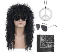 4 Pièces Tenue Disco Lunettes de Soleil Collier Peace Mouchoir Perruque Jupe 70 et 80s Tenue Rétro Hippie Tenue Punk (Noir)
