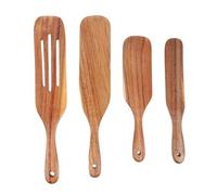 4 Pièces Ustensiles en Bois de Teck Cuisine Antiadhésive | Bois Massif Intégré, Manche Épais et Long, Prise Sûre pour Débutants, Service Pizza et Cuisson