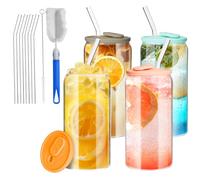 4 Pièces Verre Canette, 500 ml Verre avec Couvercle et Paille, Couvercles en Silicone Coloré,Verre à Smoothie Réutilisable, Adapté aux Smoothies, thé au Lait, Tasse à Bière Tasse à Café Glacée