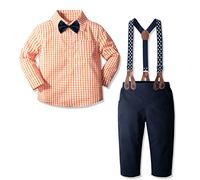 4 Pièces Vêtements Ensemble de Bébé Garçon Manches Longue Carreaux Chemise + Pantalon + Bretelles + Noeud Papillon Tenues Ensembles,Rouge,90