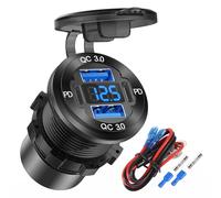 4-Port Prise USB 12V Chargeur de Voiture en Aluminium avec 78W Dual PD & QC Multiple Port, Prise USB C Encastrable pour Allume-Cigarette 12 Volts avec Voltmètre pour Moto, Bateau, Véhicule Loisirs