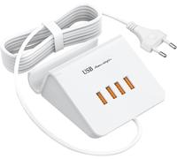4 Port USB Charging Station with Phone Holder and 1.8M Cable - 25W Fast Charger for iPhone, iPad, Samsung, Huawei, OnePlus, Xiaomi (White)