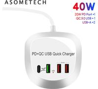 4 Ports Usb Charger Hub 40w Pd Qc3.0 Fast Charging Adapter Phone for iPhone Xiaomi Samsung Huawei UK Plug