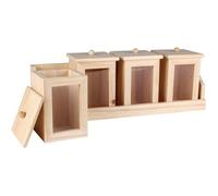 4 pots à épices en bois et vitrées sur plateau en bois