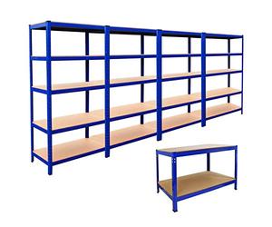 4 Rayonnages T-Rax Bleus de 90cm et 1 Établi Q-Rax Bleu de 120cm en Acier Sans Boulons…