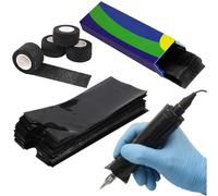4 Roll Tattoo Grip Tapes, 200pcs Manchons de Stylo de Machine et Self Adherent Elastic Bandage, Couvertures de Machine à Tatouer avec Bandes Adhésives, Sacs de Stylo Tatouage pour Tattoo Accessories