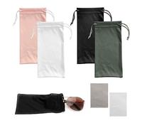 4 sacs de rangement pour lunettes avec 2 morceaux de tissu pour lunettes, sac en tissu à cordon de couleur unie, sac pour téléphone portable à cordon (noir, blanc, gris, rose)