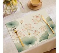 4 Sets de Table en Lin Fleur De Lotus Feuille De Lotus,30 x 45 cm Set de Table Lavable, Peinture À L'Encre,à la Cuisine, à la Salle à Manger