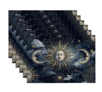 4 Sets de Table Lin Bleu Or, Phases De La Lune Étoiles, Rétro Esthétique Lavable Imperméables Sets de Tables pour Table de Salle à Manger Cuisine, 30x45cm
