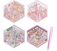 4 Sets DIY 3D House Stickers,Fun DIY Stickers Scene Make Your Own Mini Room Scenes,Supermarket Coffee Shop Restaurant Bookstore