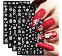4 Sheets Christmas Nail Art Stickers Decals-Embossed Snowflakes Nail Stickers White Glitter Self Adhesive Nail Decals-Winter Holiday Silver Nail Supplies Nail Art Decoration (Nail Sticker Flat)