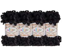 4 skn/Ball Alize Puffy Baby Pelote de laine à grosses boucles 100 % micropolyester 400 g (60 - Noir)