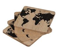 4 sous-Verres avec Carte du Monde, Dessous de Plat carré en Bois avec planisphère, sous-bock avec mappemonde (Noir)