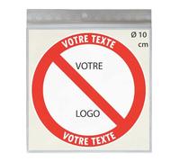 4 Stickers Ø 10 cm personnalisables avec symbole interdit - Étiquettes de signalisation d'interdiction en vinyle autocollant avec taille, quantité, textes et logos à personnaliser