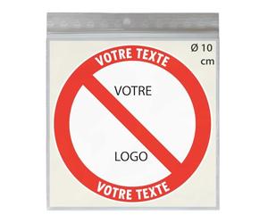 4 Stickers Ø 10 cm personnalisables avec symbole interdit - Étiquettes de signalisation d'interdiction en vinyle autocollant avec taille, quantité, textes et logos à personnaliser