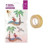 4 stickers strass 15 x 9,5 cm Ile paradisiaque + masking tape doré à paillettes 5 m Multicolore G