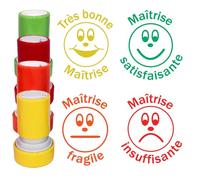 4 Tampons Auto-Encreurs d'Évaluation Enseignants, 22mm. Maîtrise avec Émoticônes: Très bon Maîtrise/Maîtrise satisfaisante/Maîtrise fragile/Maîtrise insuffisante*