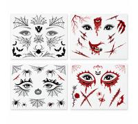 4 Tatouages Visage Halloween, Toile Araignée Chauve-Souris Effet Horreur | 4 feuilles 17,2 x 13,2 cm, transfert à l’eau, motifs variés pour visage et corps, carnaval, mascarade et cosplay