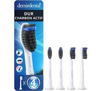 4 têtes de brosse demirdental pour Philips Sonicare, Charbon Actif Dur | Brossettes de rechange au charbon actif, nettoyage naturel, testées sans substances nocives, capuchons & anneaux, Blanc