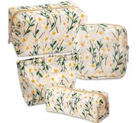 4 Trousse de Maquillage en Coton Brodé de Marguerites - Pochettes Zippées Organisateur Voyage pour Femme : Cosmétiques, Bijoux & Hygiène (Beige)