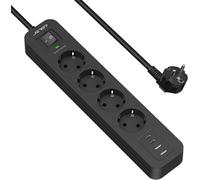 4-Way USB Surge Protector Power Strip with 2 USB A Ports+2 USB C Ports Charger (5V3.4A) Surge Surge and Surge Surge with Cable 2 m for Smartphone, Home, Office - Black