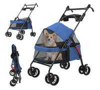 4 Wheels Pet Stroller, Folding Travel Dog Jogger Stroller with Adjustable Handle, Breathable And Visible Mesh, Cup Holder for Small Medium Dogs Cats Up to 22lbs