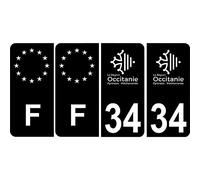 4 x 34 Occitanie Noir Autocollants plaque immatriculation blason département sticker auto et F europe Noir - Couleur : arrondis - Angles : arrondis